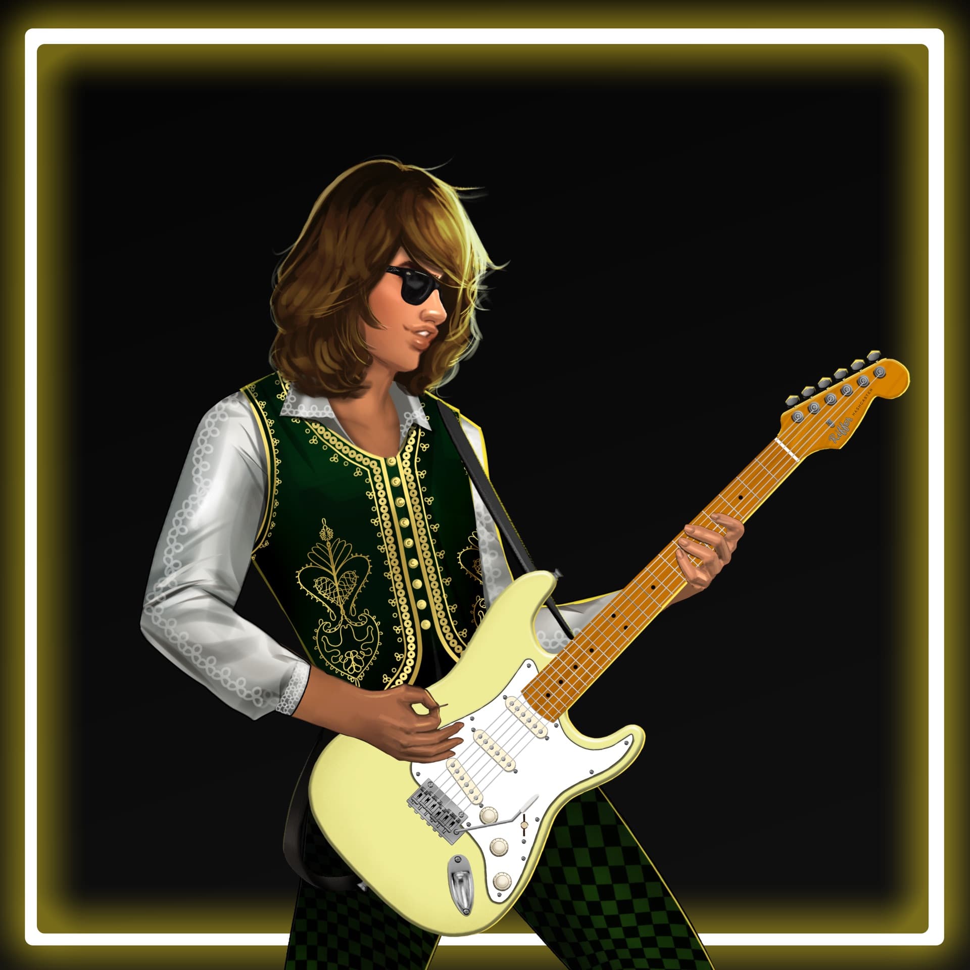 Male long hair rocker in green suit