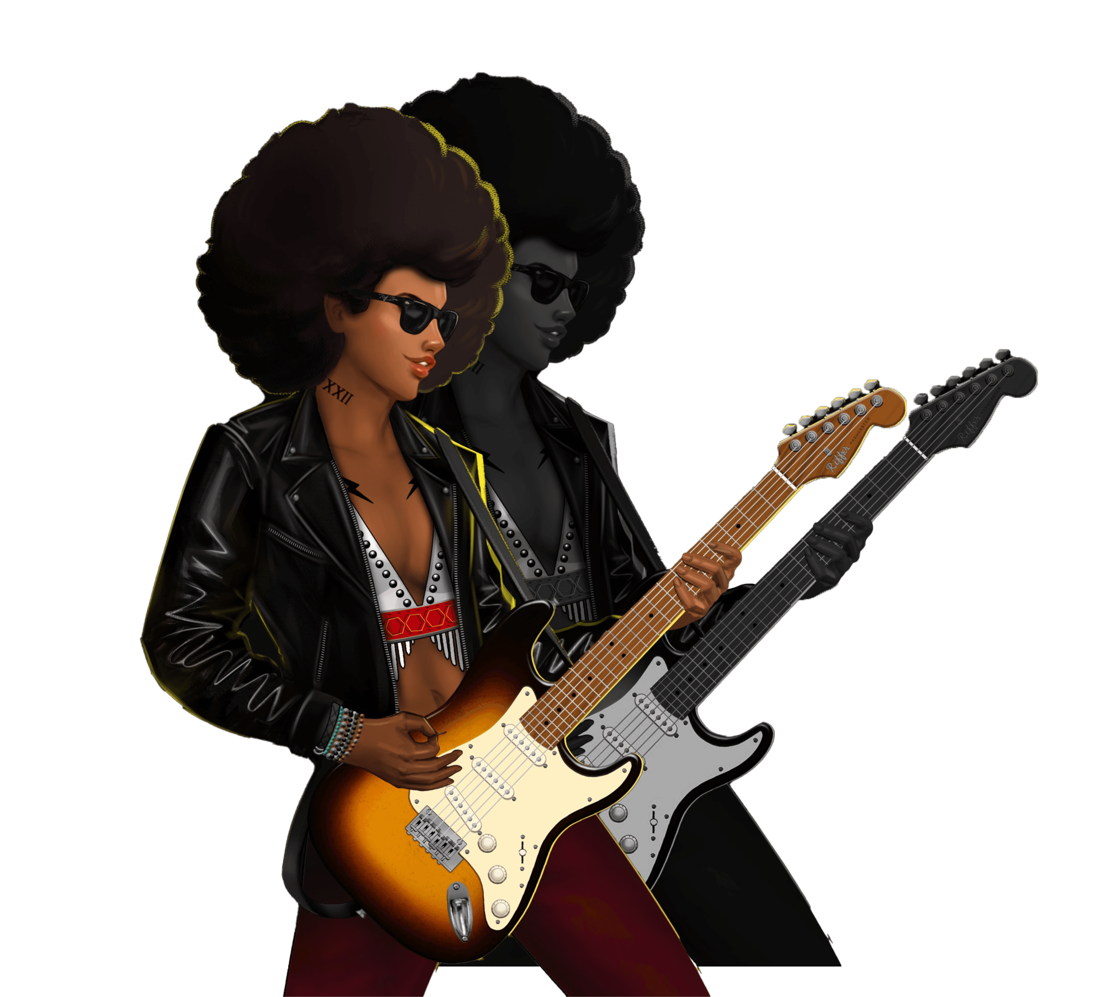 Girl with Afro and leather jacket playing guitar