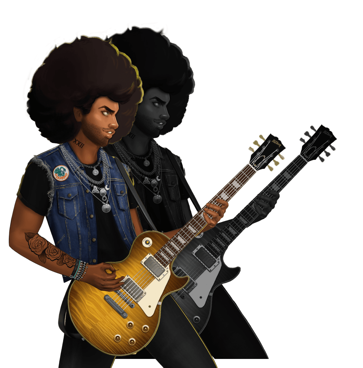 Man with Afro and jean jacket playing guitar